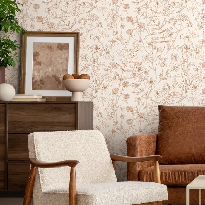 Wildflower Wallpaper With A Delicate Line Art Motif In Brown And Beige – D305