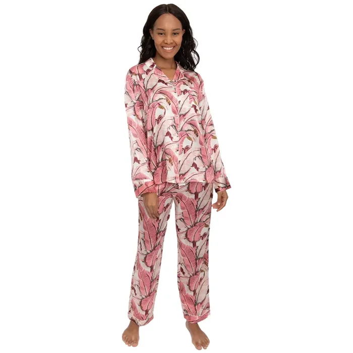 Women’s Banana Leaf Pink Shirt + Pj Pant Set – Silk