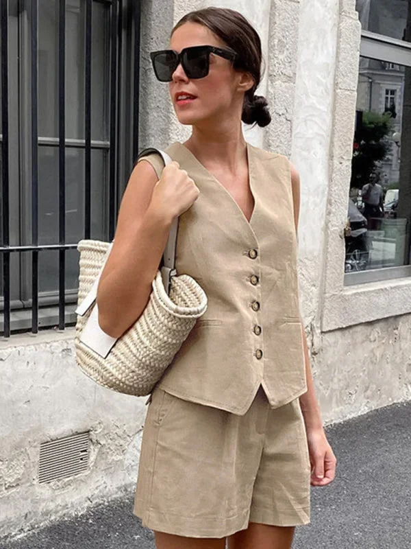 Women’s Beige V-Neck Buttoned Up Sleeveless Top With Matching Shorts Set