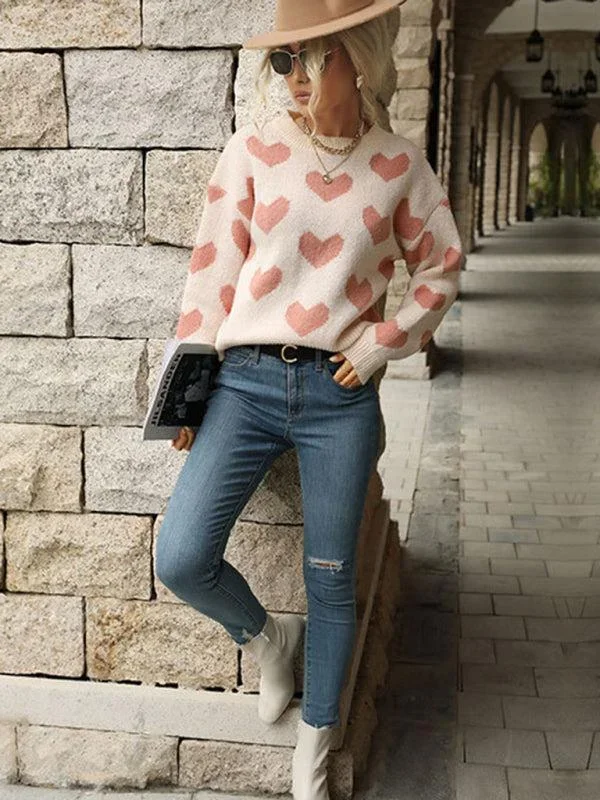Women’s Casual Heart Print Knit Jumper