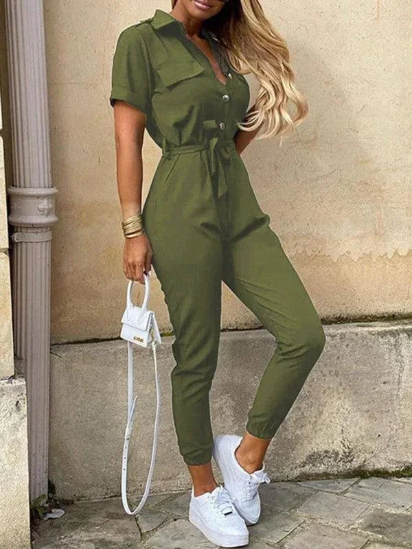 Women’s Casual Lapel Cargo Jumpsuit With Button Fastening and Belt