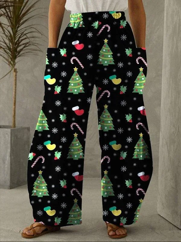 Women’s Christmas Print Wide Leg Elasticated Waist Trousers