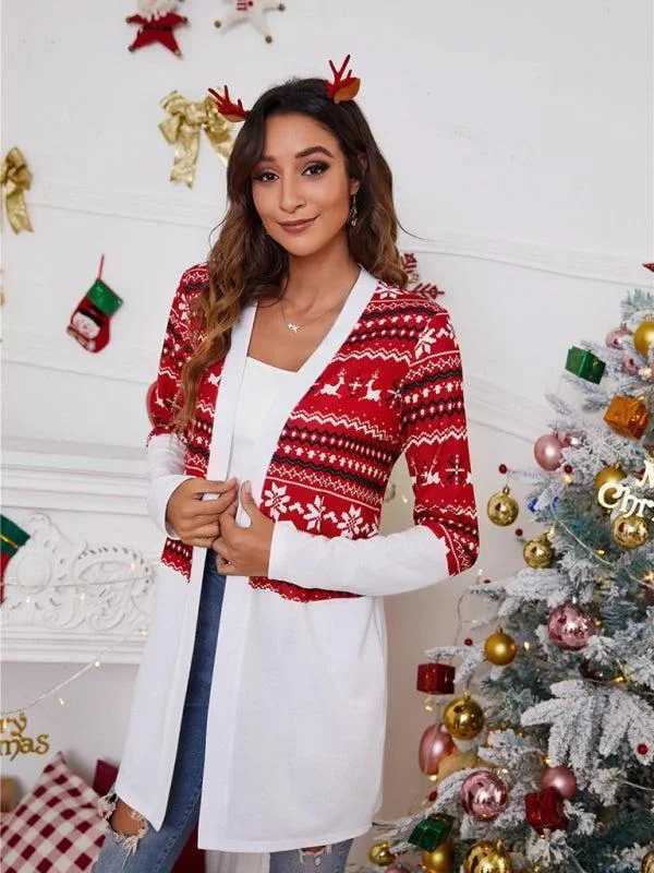Women’s Colour Block Christmas Print Open Front Cardigan