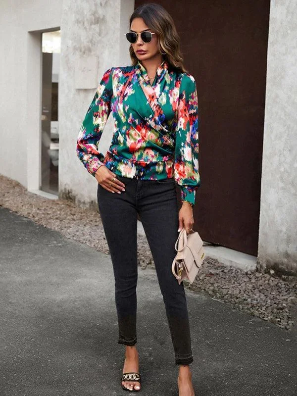 Women’s Colourful Print Wrap Satin Long Sleeve Top