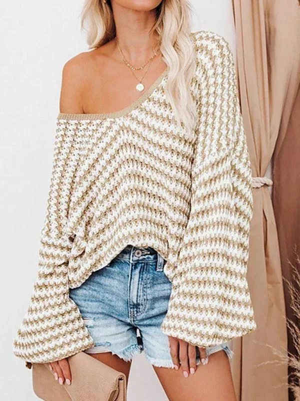 Women’s Dramatic Off The Shoulder V Neck Jumper With Wide Bell Sleeves