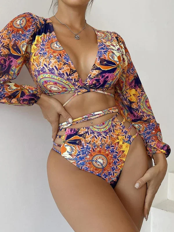 Women’s Ethnic Print Long Sleeve Swimsuit With Front And Back Cut Out Design