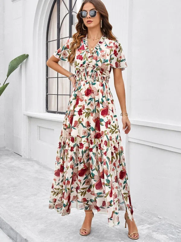 Women’s Floral Print Flowy Floor Length Dress With V-Neck And Short Sleeves