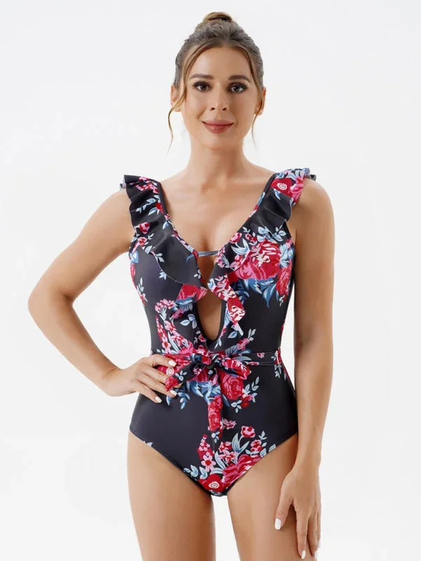 Women’s Frilly Front Cut Out Backless Swimsuit