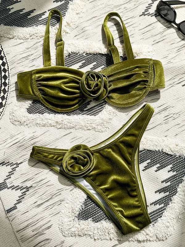 Women’s Green Ruched Bikini With 3D Flower Design