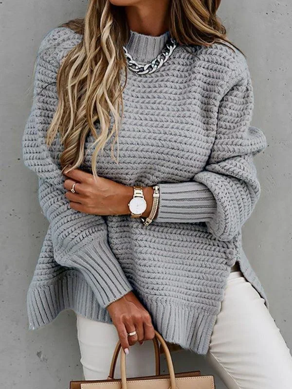 Women’s Half Turtleneck Dropped Sleeve Side Slit Chunky Knit Jumper