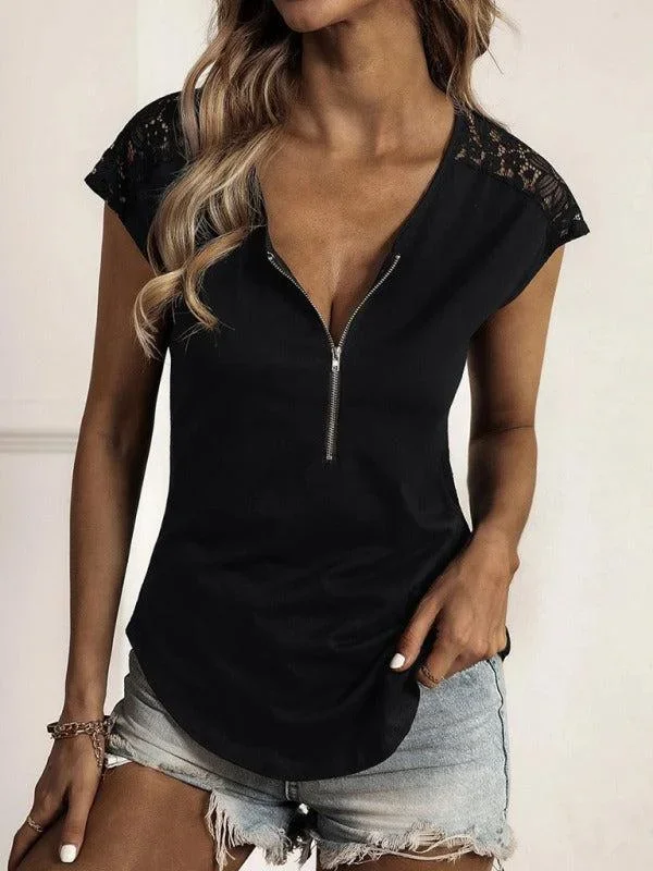 Women’s Half Zip Lace Detail Short Sleeve Top
