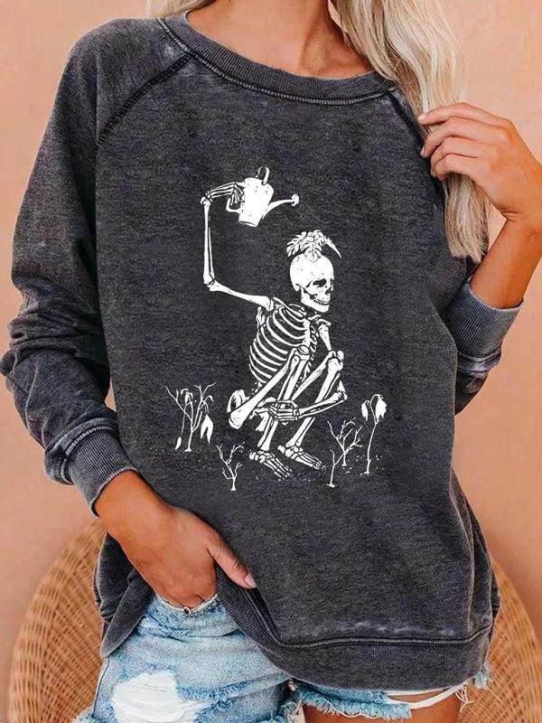 Women’s Halloween Skeleton Print Distressed Sweatshirt