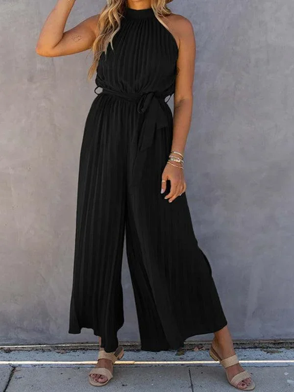 Women’s Halter Neck Pleated Wide Leg Jumpsuit