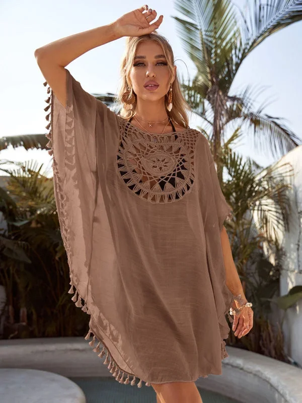 Women’s Hollow Loose Fitting Beach Cover Up With Tassels