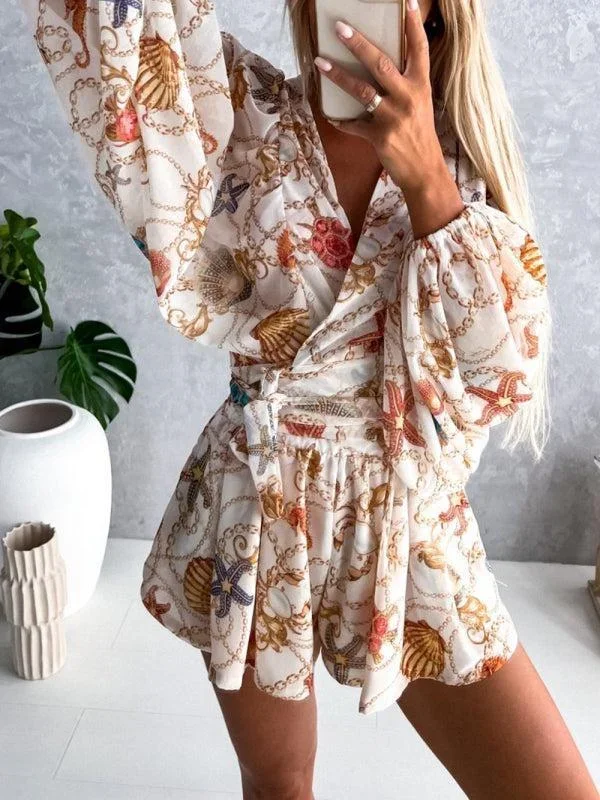 Women’s Nautical Print Puff Sleeve Tie Wrap Playsuit