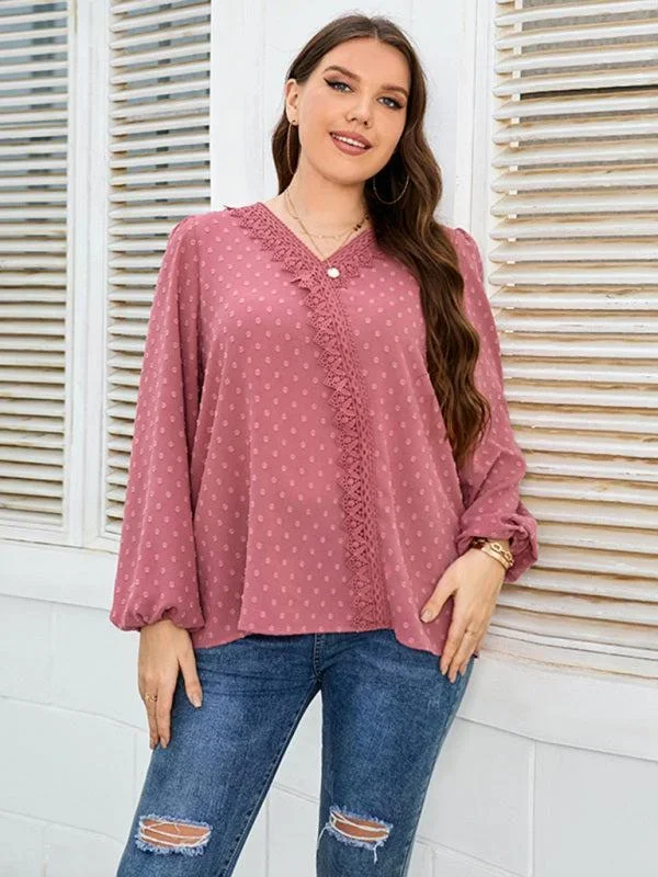 Women’s Plus Size Lace Trim Dot Print Puff Sleeve Blouse