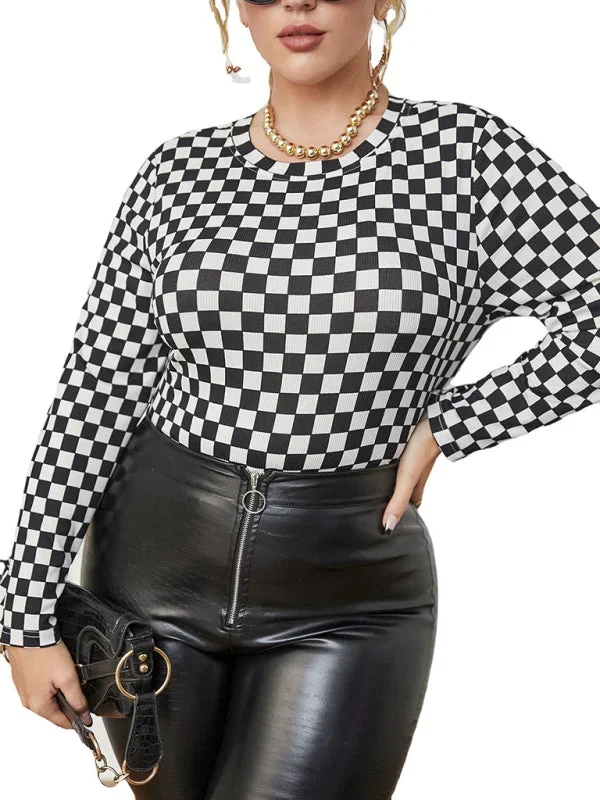 Women’s Plus Size Long Sleeve Crew Neck Check Print Top