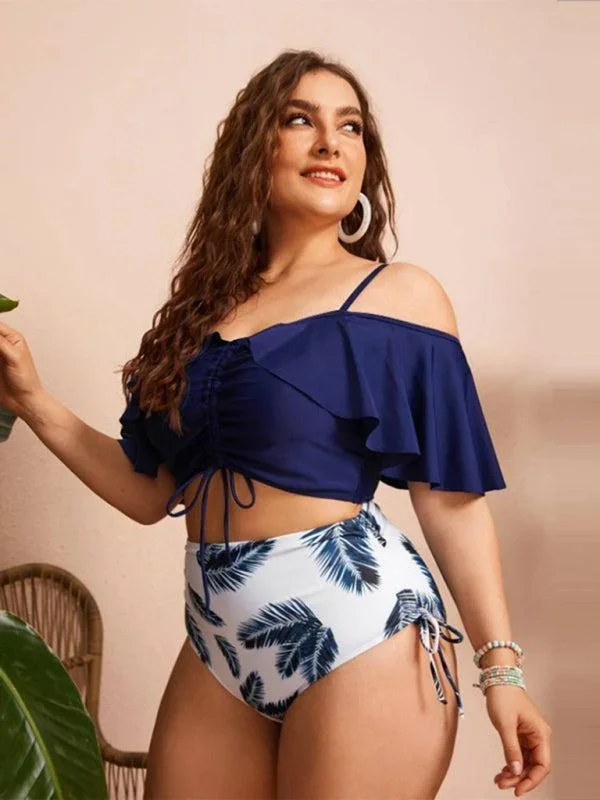 Women’s Plus Size Ruffle Sleeve Tankini With Drawstring High Waist Bottoms