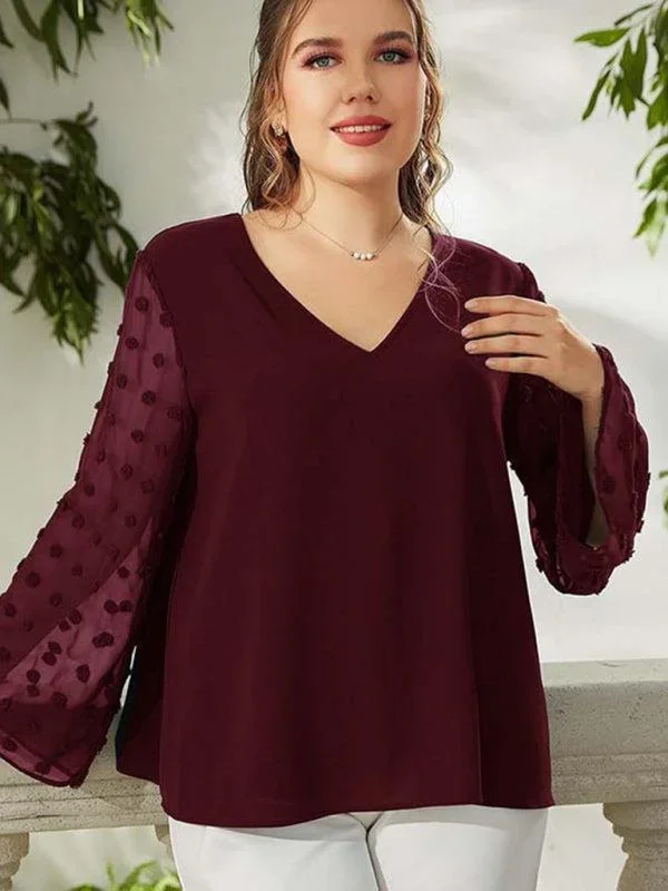 Women’s Plus Size Solid Colour Blouse With Sheer Polka Pot Sleeves