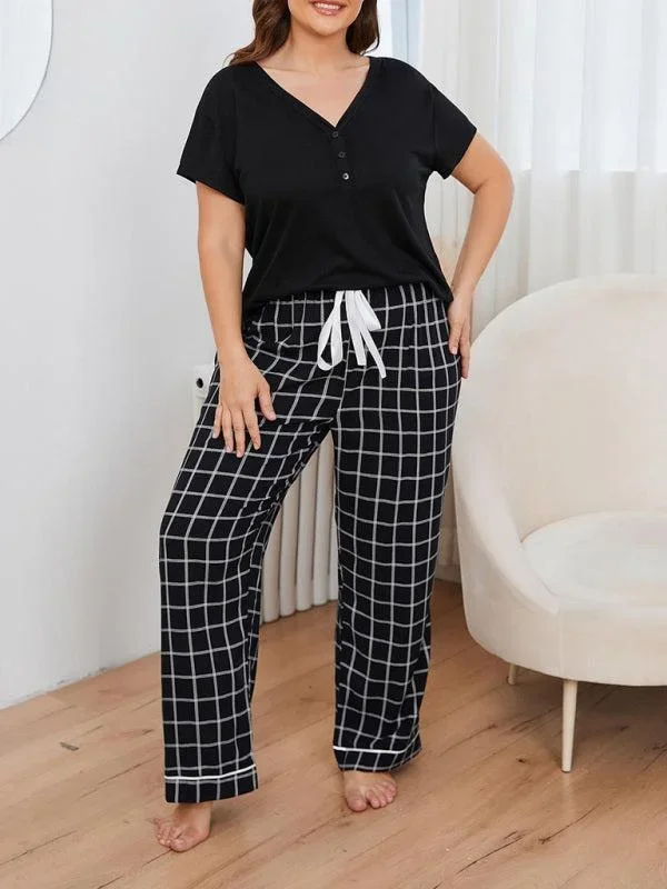 Women’s Plus Size V-Neck Short Sleeved T-Shirt And Plaid Trousers Loungewear Set