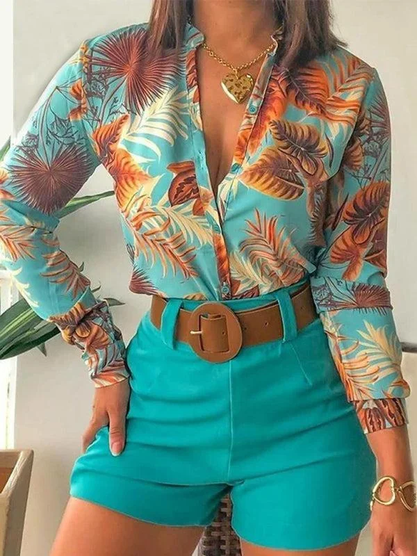 Women’s Printed Shirt Stand Collar V-neck Long Sleeve Shirt With Belted Shorts Set