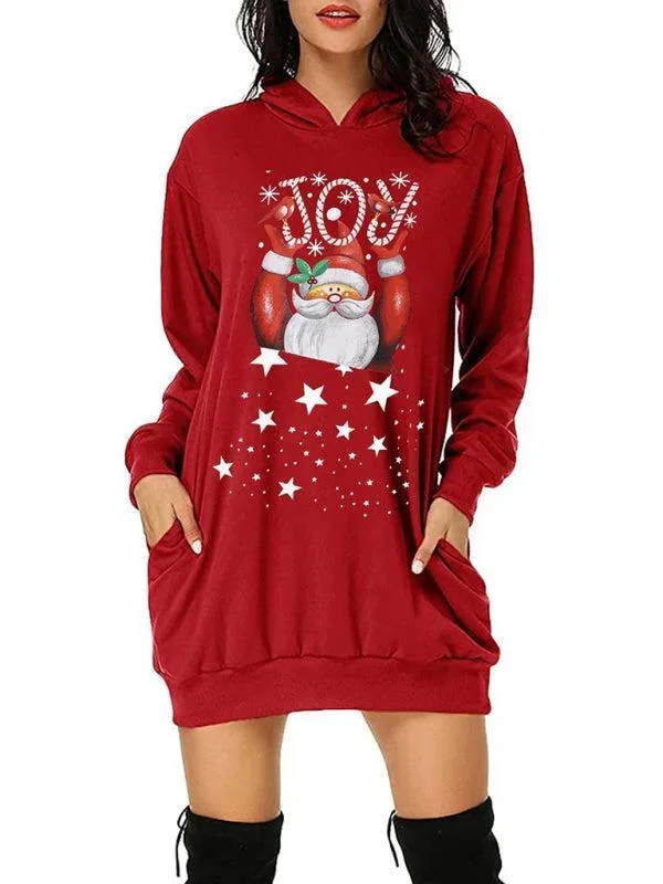 Women’s Santa Print Mid Length Hooded Sweater Christmas Dress
