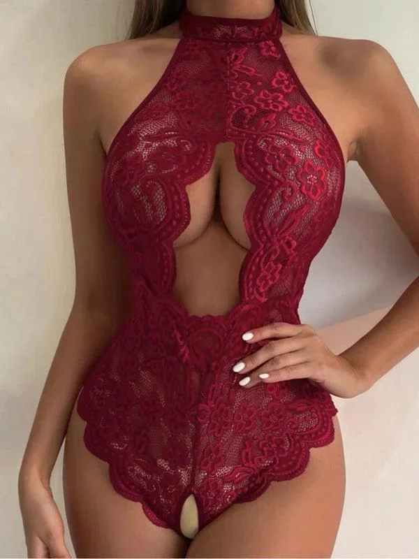 Women’s Sexy Lace Embroidered Lingerie Halter Neck Bodysuit With Front Cut Out Design