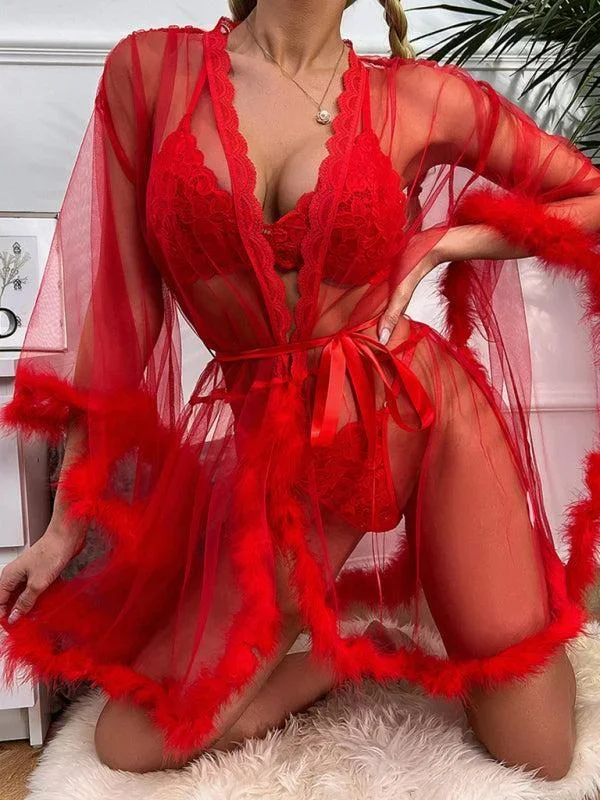 Women’s Sexy See Through Mesh Feather Trim Lingerie Gown