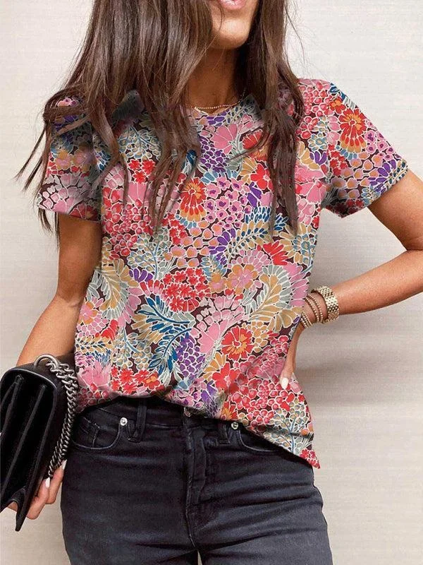 Women’s Short Sleeve Floral Print Round Neck T-shirt