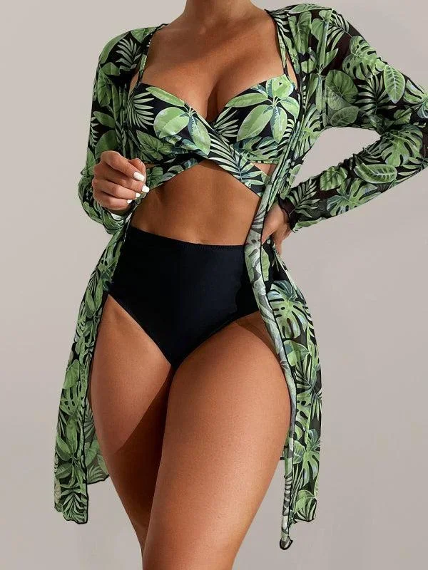 Women’s Stylish Tropical Print Three Piece Bikini Set