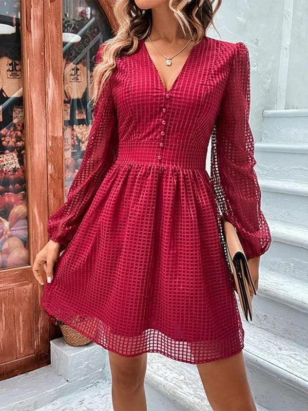 Women’s V-Neck Hollow Design A-Line Dress With Long Sleeves