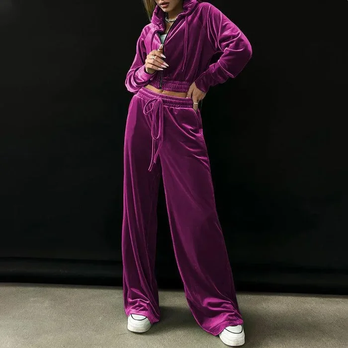 Women’s Velour Short Length Hoodie And Matching Wide Leg Trousers