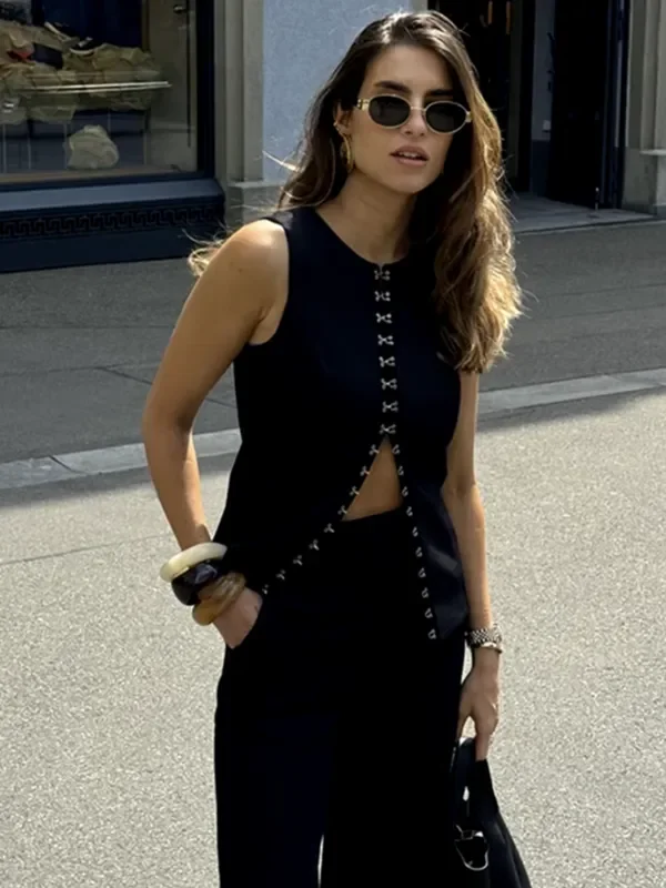 Womens Chic Sleeveless Elegant Buttoned Two-Piece Set