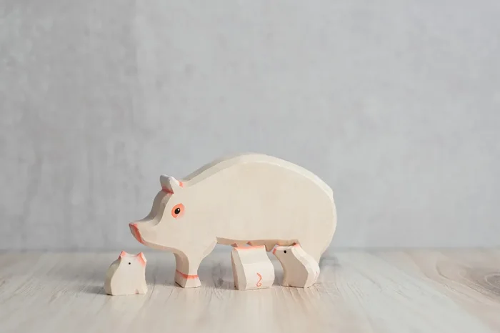 Wood Carved Pig With Piglets