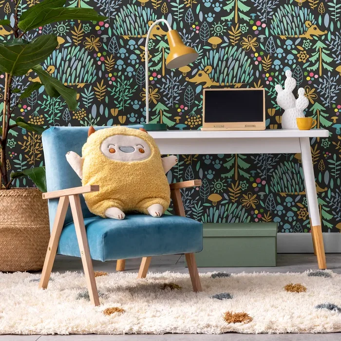 Woodland Wallpaper With Foxes And Flora In Blue, Yellow, And Green – C044