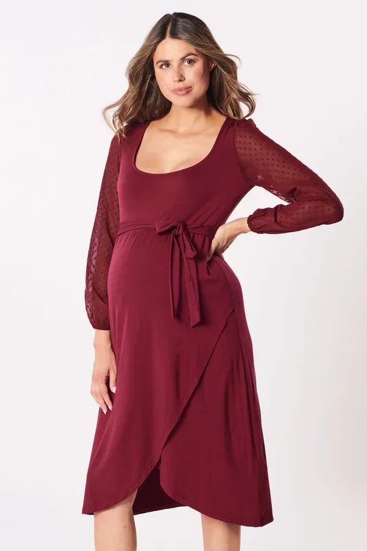Wrap-style maternity dress with lace sleeves, burgundy