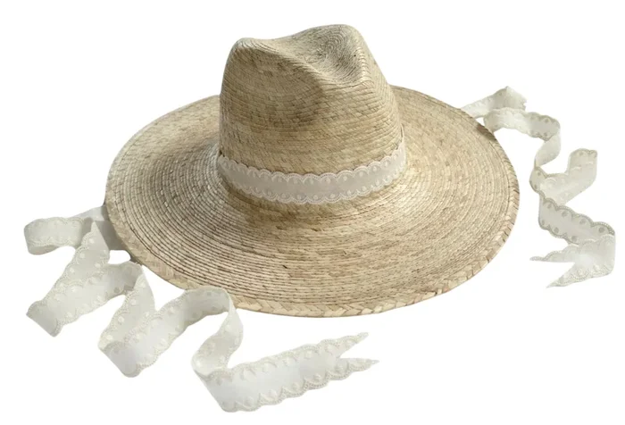 Zinnia Sun Hat – Long & Thin Vintage White Eyelet Lace Ribbon